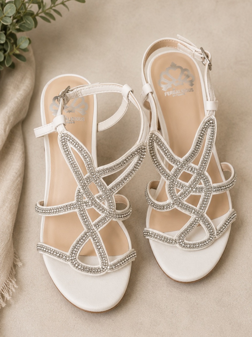 Fergalicious by Fergie Mimic White Rhinestone Cork Wedge Sandals Size 8